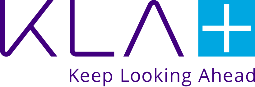 KLA logo featuring purple stylized letters, a blue square with a white plus, and the tagline Keep Looking Ahead