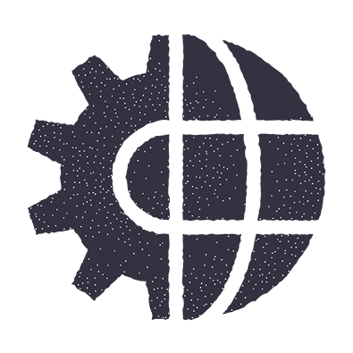Dark grey icon combining a gear and globe, symbolizing global industrial applications