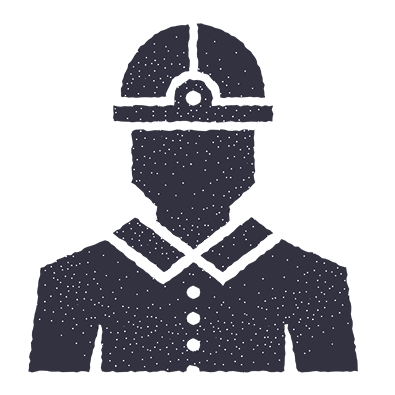 Dark grey icon of a uniformed worker wearing a hard hat and headlamp, representing quality expertise