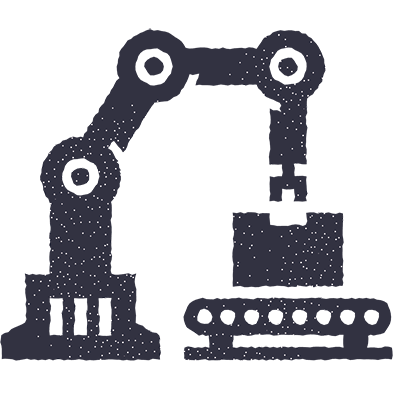 Dark grey icon of an industrial robotic arm symbolizing automated precision machining